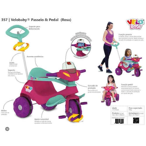 Triciclo Infantil - Passeio e Pedal - Velobaby G2 - Rosa - Bandeirante