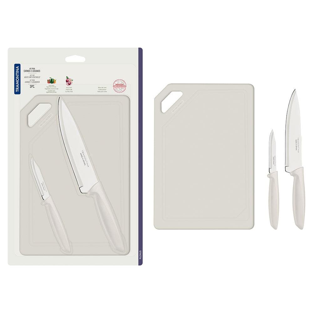 Conjunto de Facas e Tábua de Corte Tramontina Plenus em Aço Inoxidável - Off-White - 3 Peças