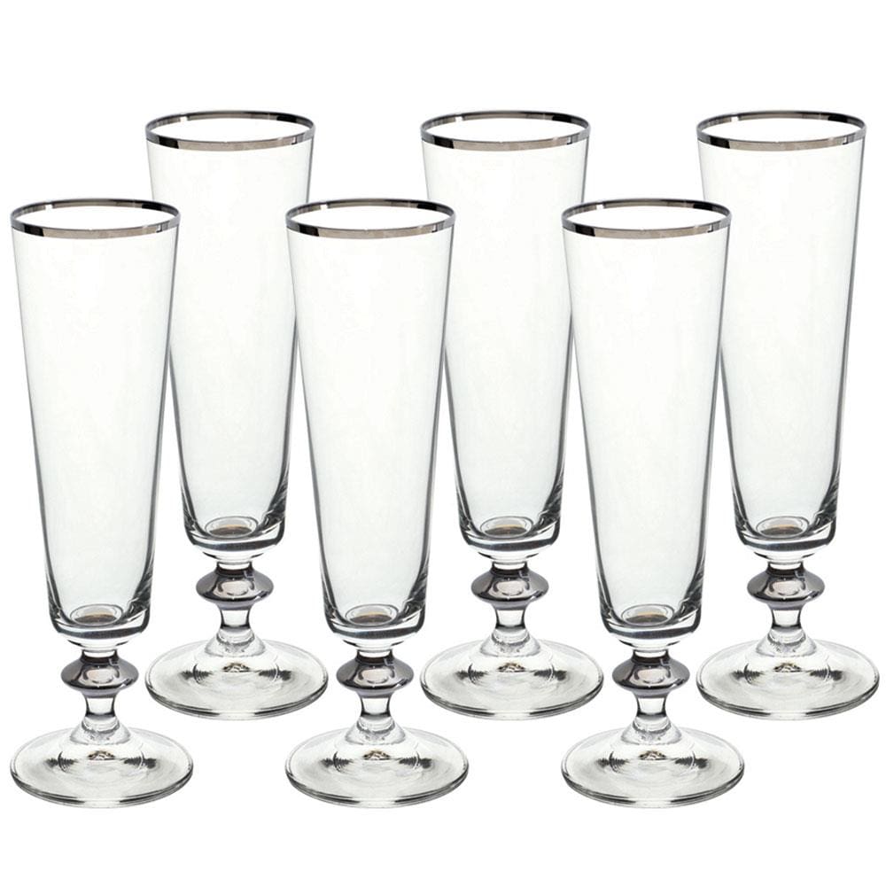 Conjunto de Taças para Champanhe Bohemia Bella Decorada 205 ml em Cristal Ecológico Platinum Rim – 6 Peças