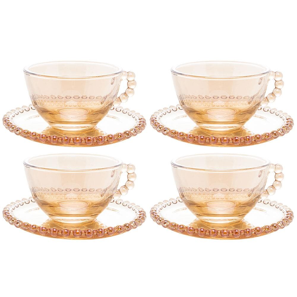 Conjunto com 4 Xícaras e Pires para Chá Wolff Pearl em Cristal Âmbar - 180 ml