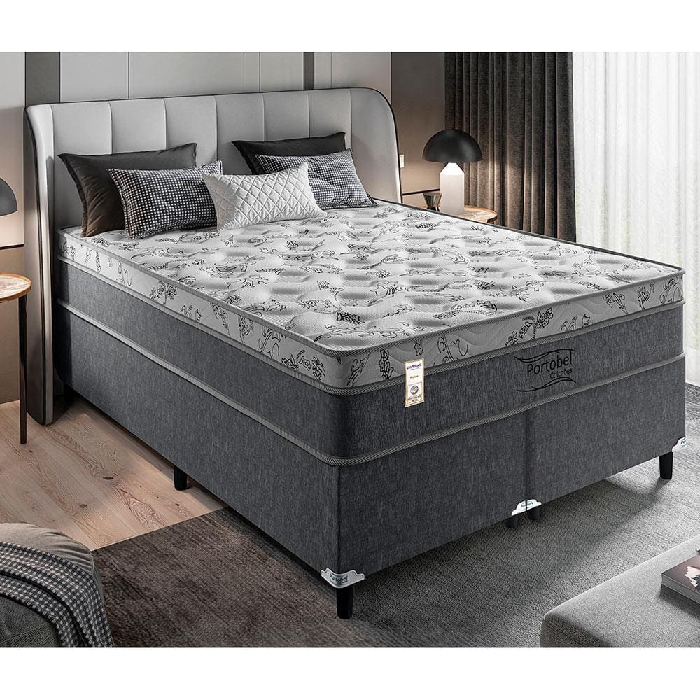 Cama Box Queen Size Portobel Orion com Molas Ensacadas e Revestimento em Tecido Poliéster 74x158x198cm - Cinza