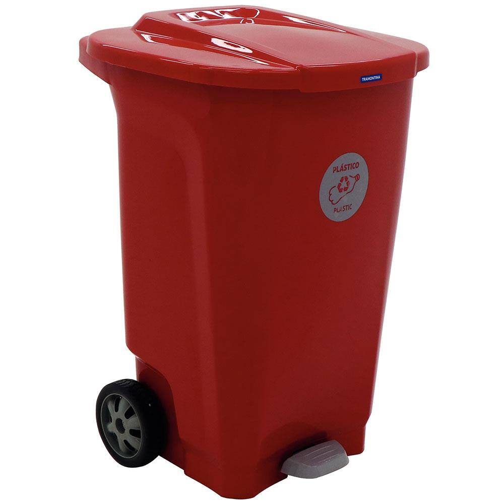Lixeira para Coleta Seletiva Tramontina T-Force com Pedal e Rodas em Polipropileno Vermelho - 100 L