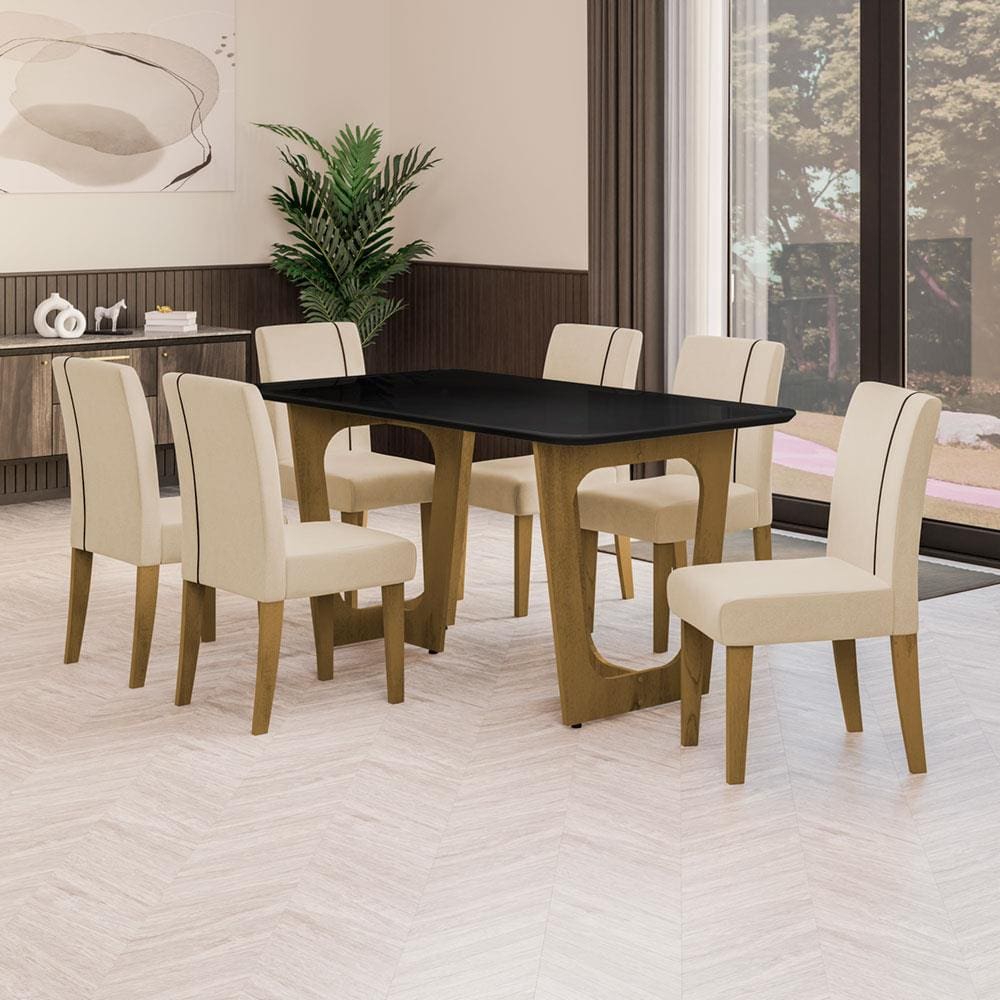 Conjunto Mesa de Jantar Áustria com Vidro e 6 Cadeiras