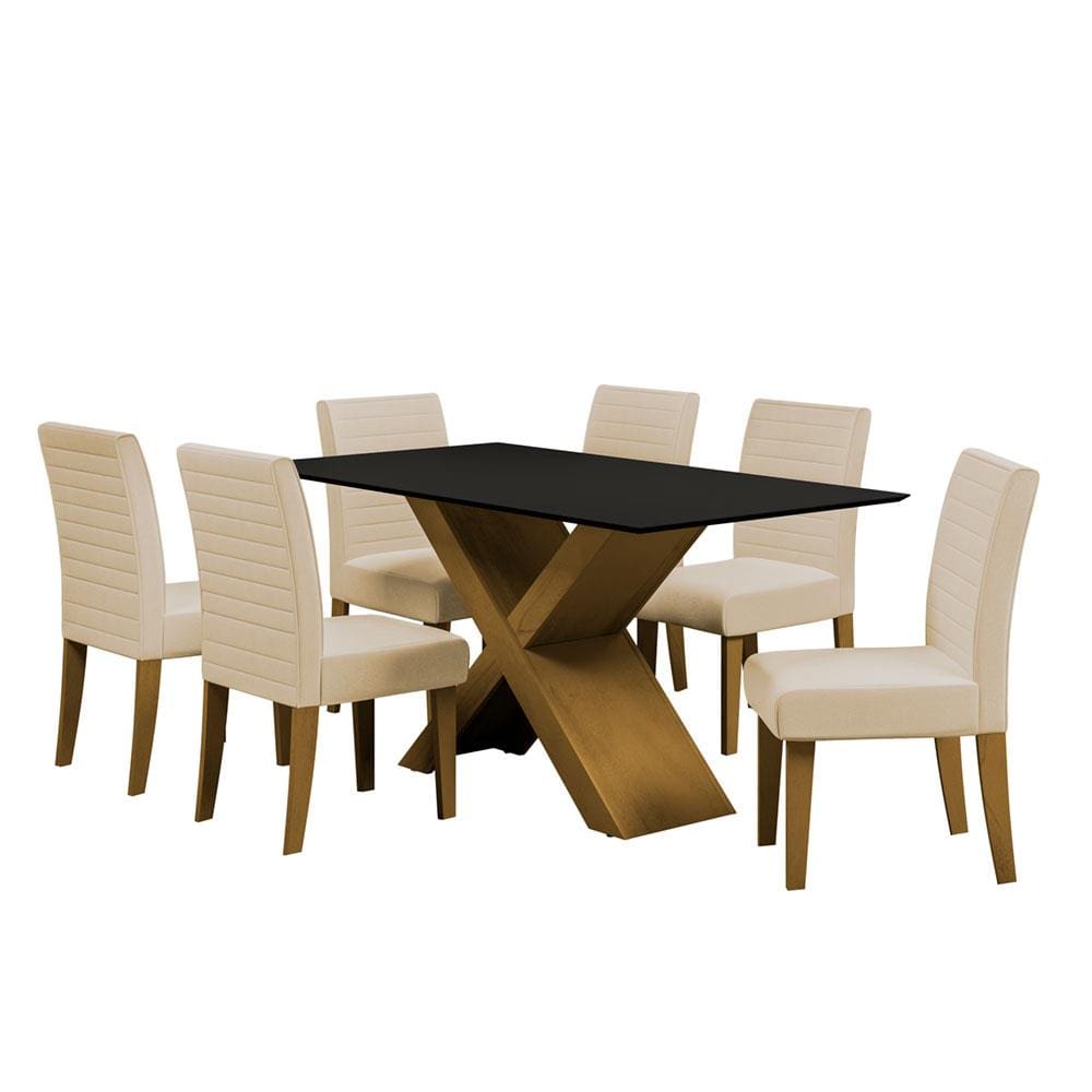 Mesa de Jantar Retangular Dobuê Creta Light 160x90cm com 6 Cadeiras Estofadas Revestidas em Tecido Veloplus
