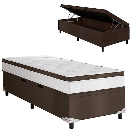 Cama Box Baú de Solteiro Portobel Noah Ortopédico com Molas Ensacadas, EPS e Revestimento em Poliéster 70x88x188cm - Branco/Marrom