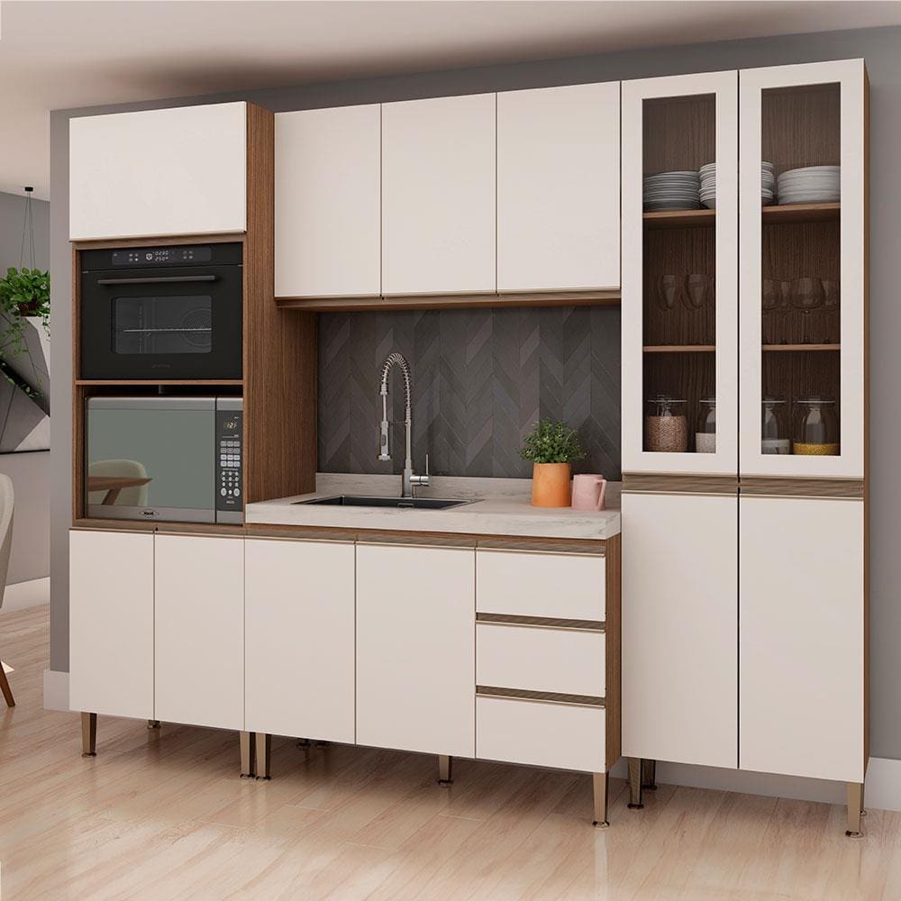 Cozinha Compacta Genialflex Bambu com 12 Portas, 3 Gavetas e 7 Prateleiras - 260cm de largura - Ébano/Off White