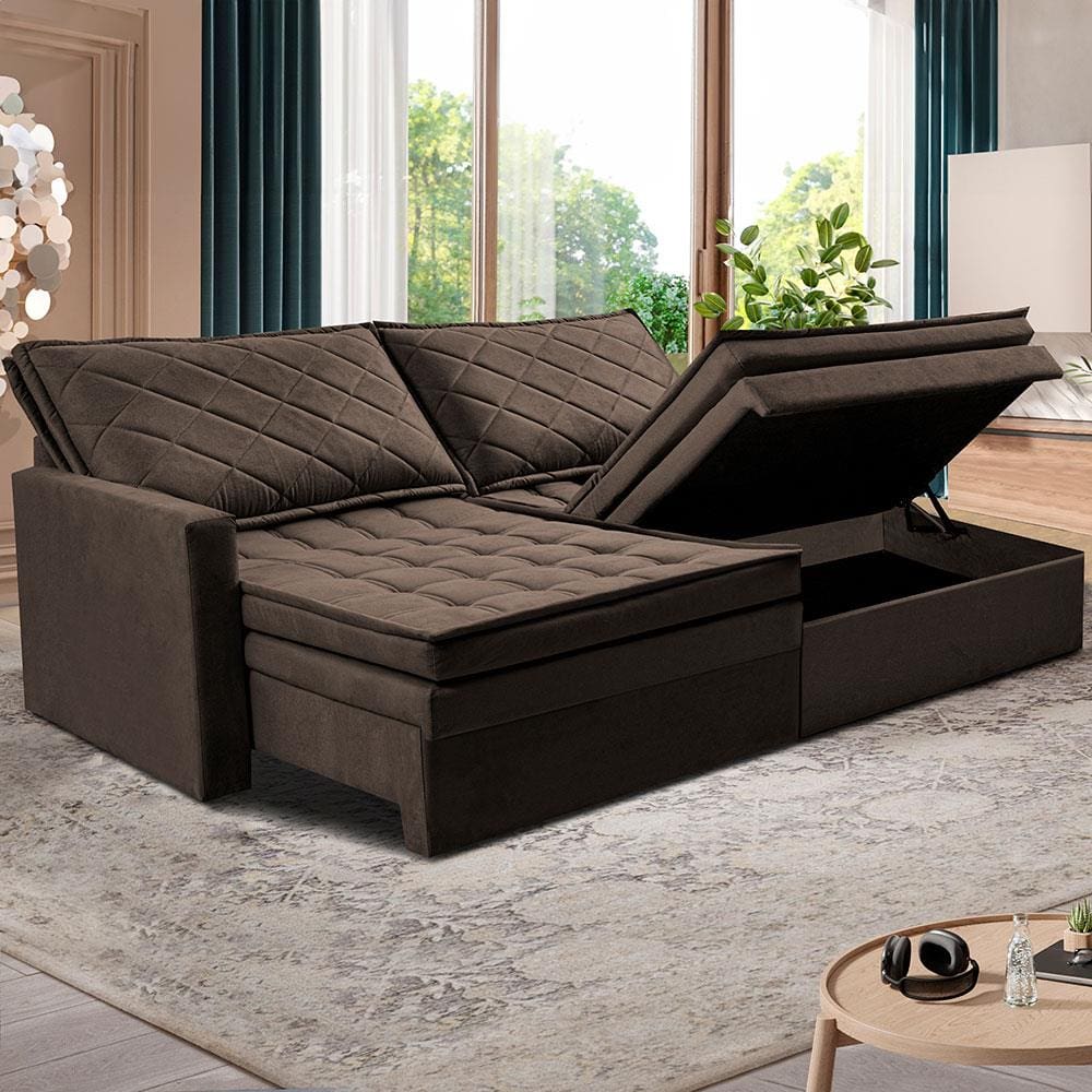 Sofá 3 Lugares Cama inBox Marselha com 180 cm de Largura, Retrátil, com Baú e Revestimento Suede Velusoft