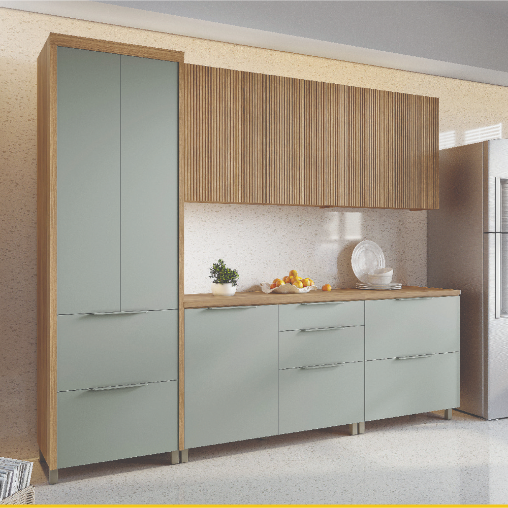 Cozinha Completa em MDF Nesher Paris Ripada com 270 cm de Largura, 8 Portas, 6 Gavetas e 12 Prateleiras - Verde/Nature