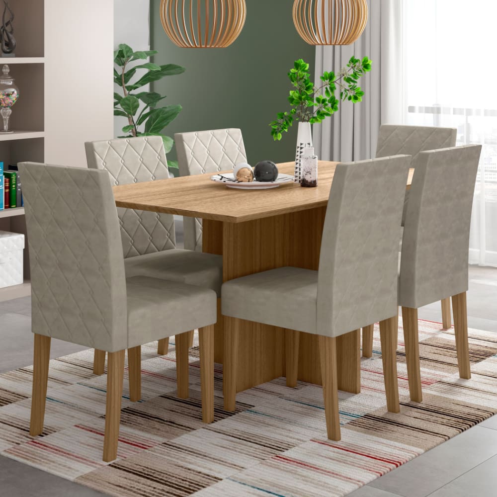 Mesa de Jantar Retangular Poliman Helo com 6 Cadeiras Revestidas em Suede - 160 cm de Largura