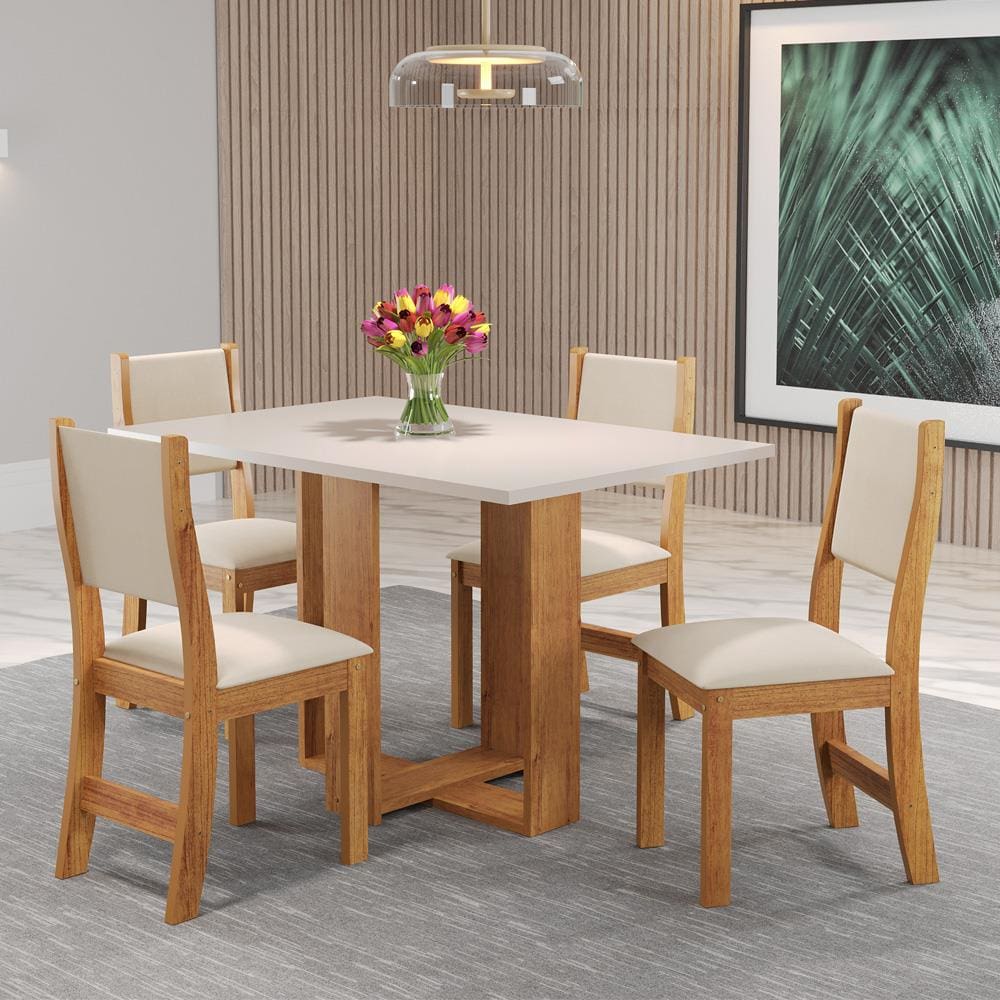 Mesa de Jantar Retangular Viero Caiena com 4 Cadeiras Estofadas e Revestidas em Veludo - Mel/Blonde/Marfim