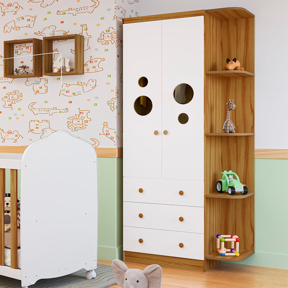 Guarda-Roupa Infantil Peroba Duda Plus com 2 Portas, 3 Gavetas, 5 Prateleiras e 86 cm de Largura