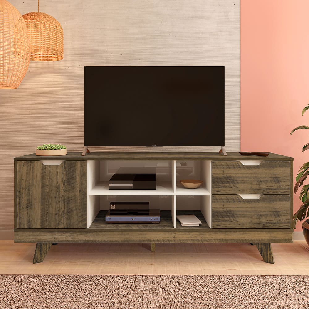 Rack Michigan Artely com 2 gavetas e 4 nichos para TVs de até 65 polegadas