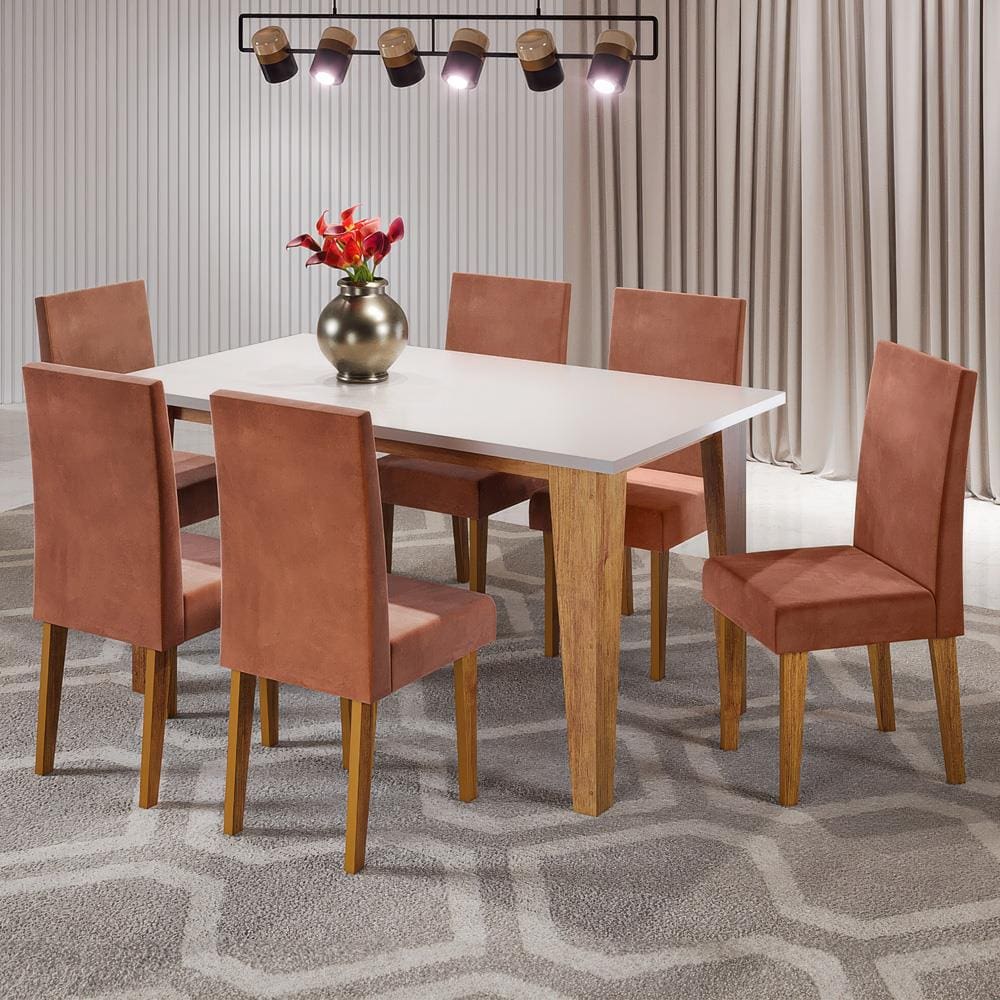 Mesa de Jantar Retangular Viero Milão com 6 Cadeiras Vênus Estofadas e Revestidas