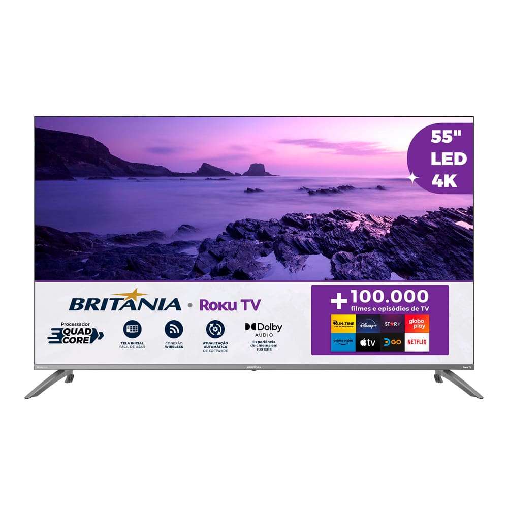 Smart TV DLED 55\" Ultra HD Britânia 4K BTV55G7PR2CGB Roku TV com HDMI, USB, Wi-Fi, Dolby Audio e Processador Quad-Core