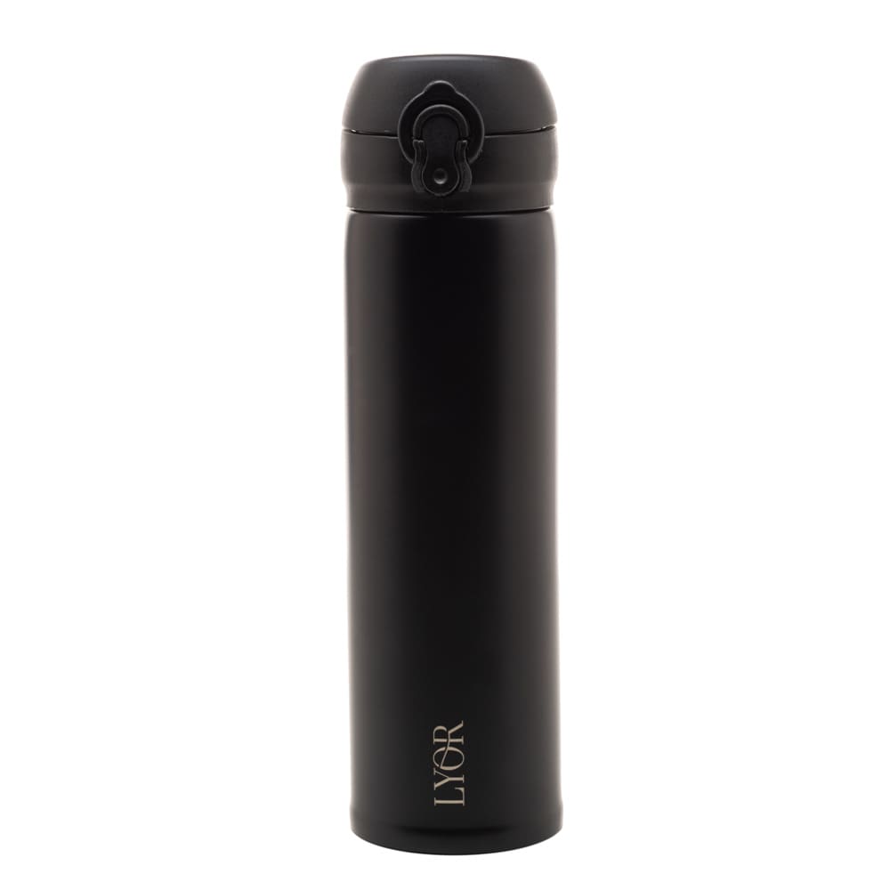 Garrafa Térmica Lyor Dupla Parede de Aço Inox com Tampa Flip Preta - 410ml