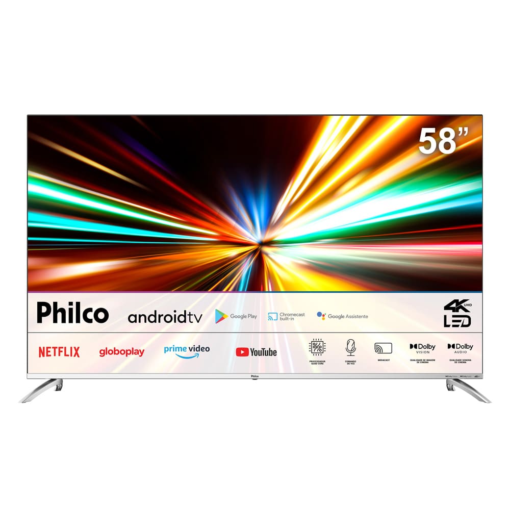 Smart TV LED 58” 4K Philco Ultra HD PTV58G7PAGCSBL Android TV, Dolby Audio e Processador Quad-Core, USB, Wi-Fi e Controle com Comando de Voz