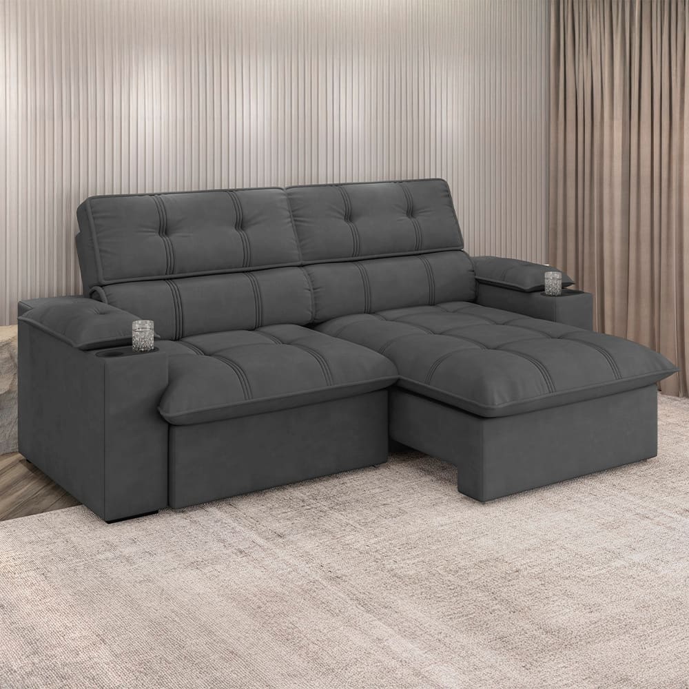 Sofá 4 Lugares Luizzi Besthouse Liverpool Slim com Assento Retrátil e Reclinável, Revestido em Suede - 240cm de Largura