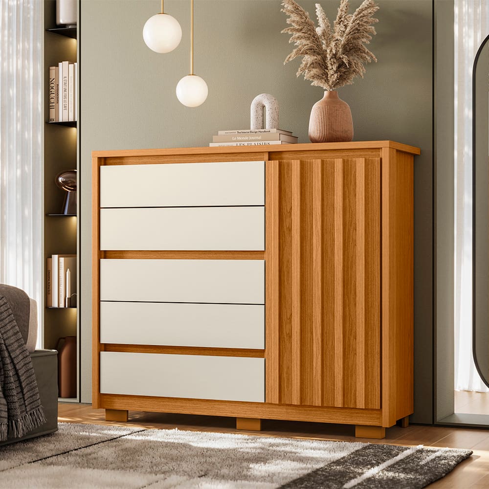 Cômoda Sapateira Palumoveis Duetto com 5 Gavetas e 1 Porta – 125cm de Largura