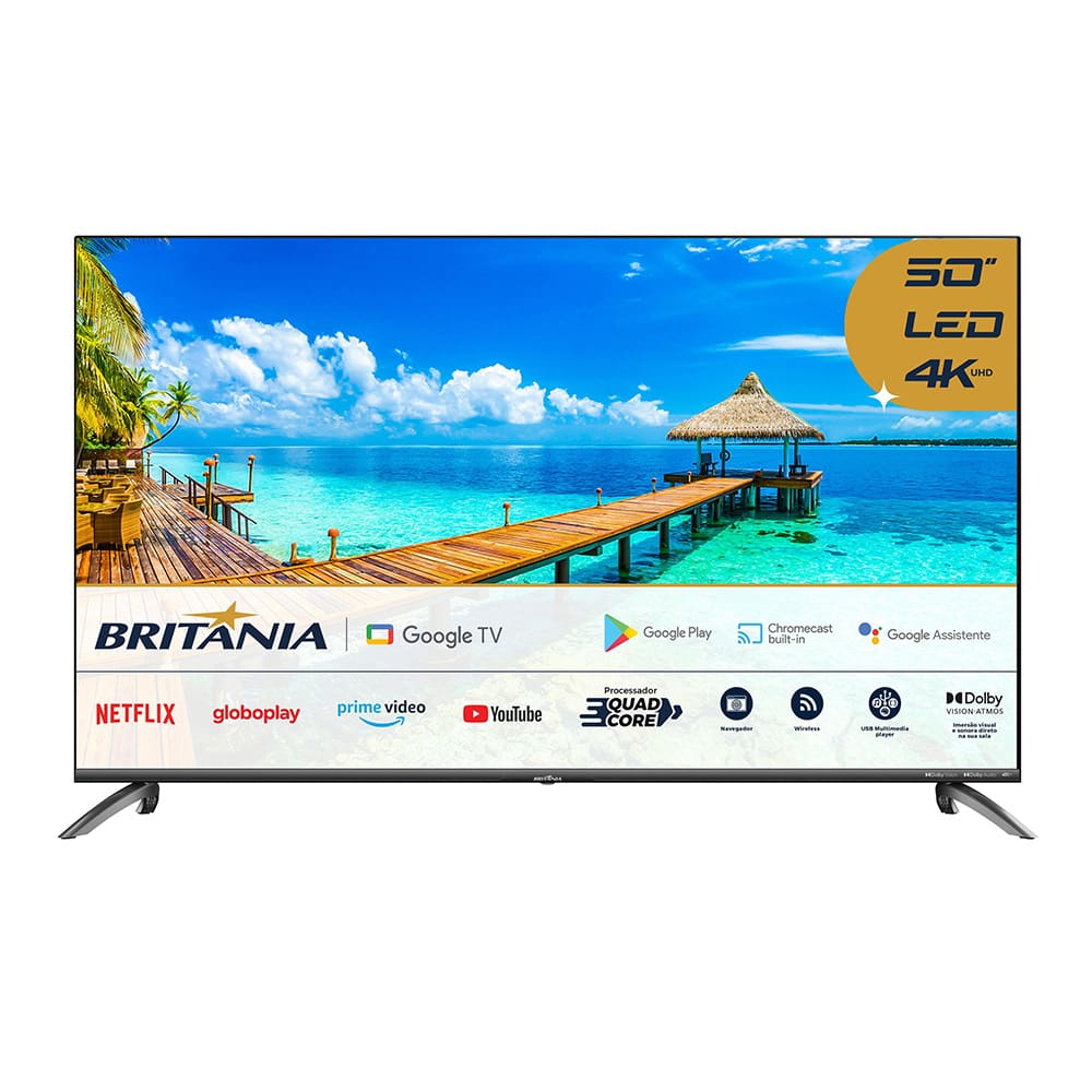 Smart TV DLED 50\" Ultra HD Britânia 4K BTV50G7EACGB Android TV, HDMI, USB, Wi-Fi, Dolby Audio, Processador Quad-Core e Controle com Comando de voz