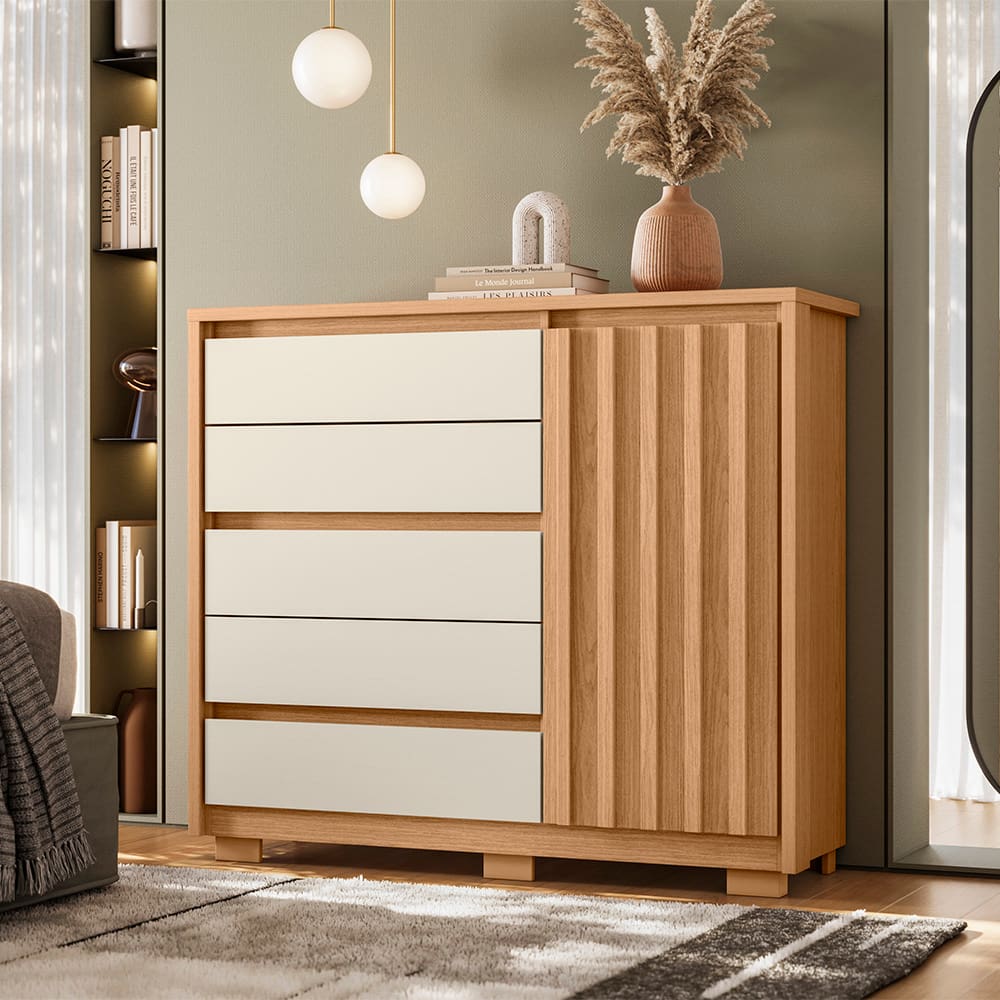Cômoda Sapateira Palumoveis Duetto com 5 Gavetas e 1 Porta – 125cm de Largura