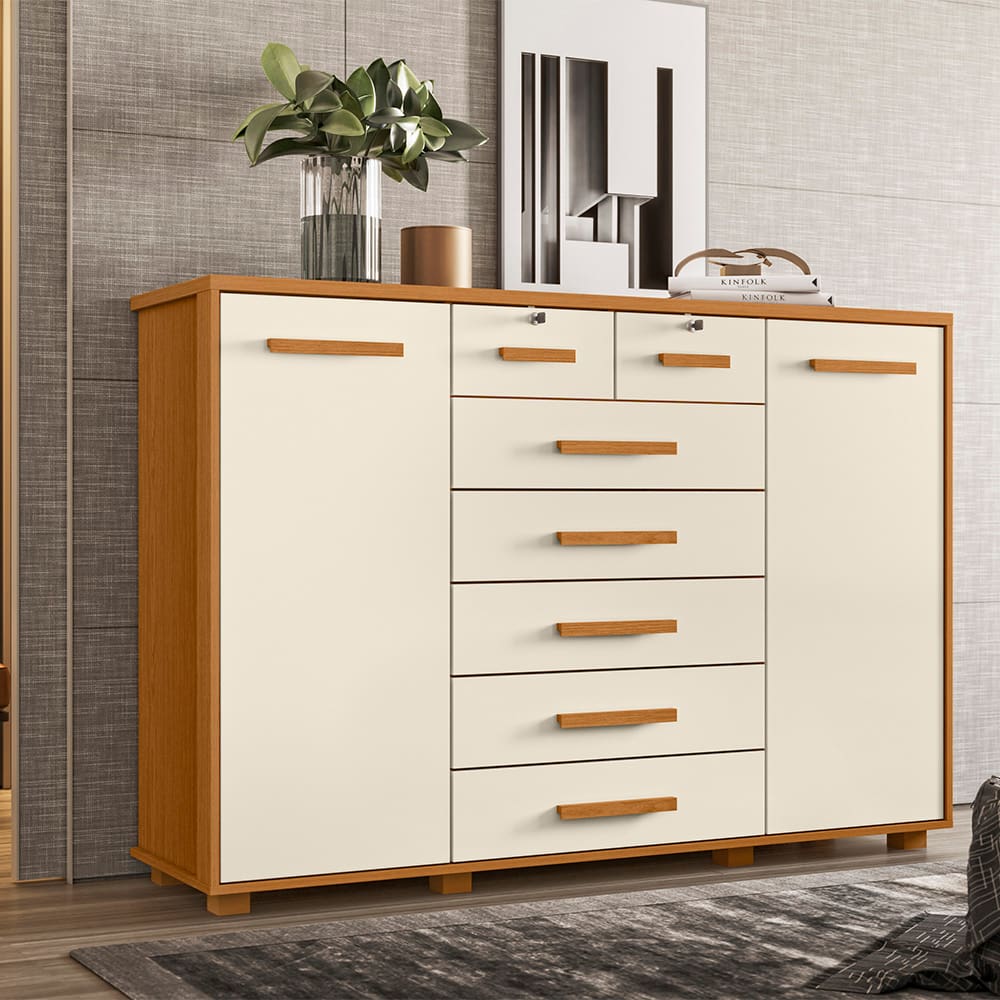 Cômoda Palumoveis Fontana com 7 Gavetas e 2 Portas – 160cm de Largura