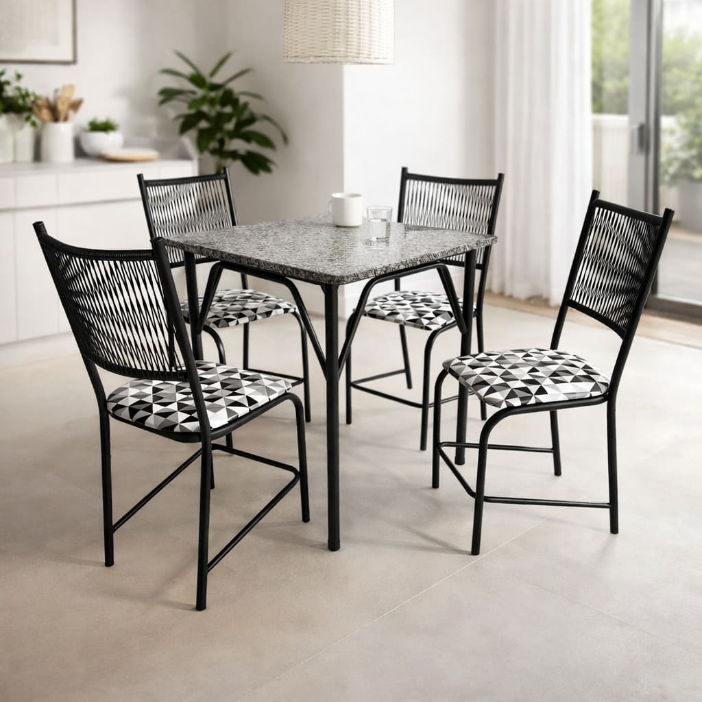 Conjunto Famais Noruega Mesa de Jantar Quadrada com Tampo em Granito + 4 Cadeiras em Aço Carbono com Assento Estofado - 90x70cm