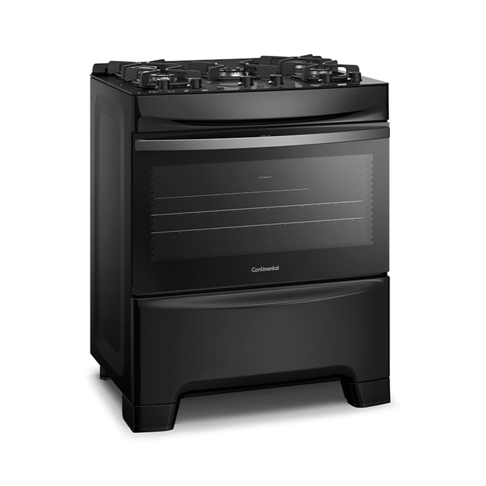 Fogão Continental 5 Bocas FC5GB Preto com Mesa de Vidro, Forno Eco Turbo e Tripla Chama – Bivolt