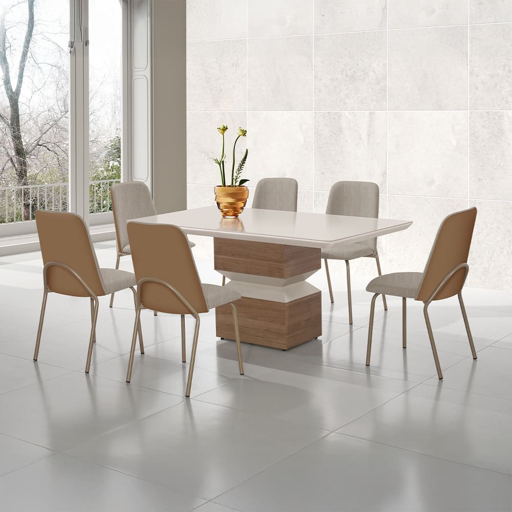 Mesa de Jantar Retangular Aço Nobre Aurora com 6 Cadeiras Estofadas – Champagne/Areia