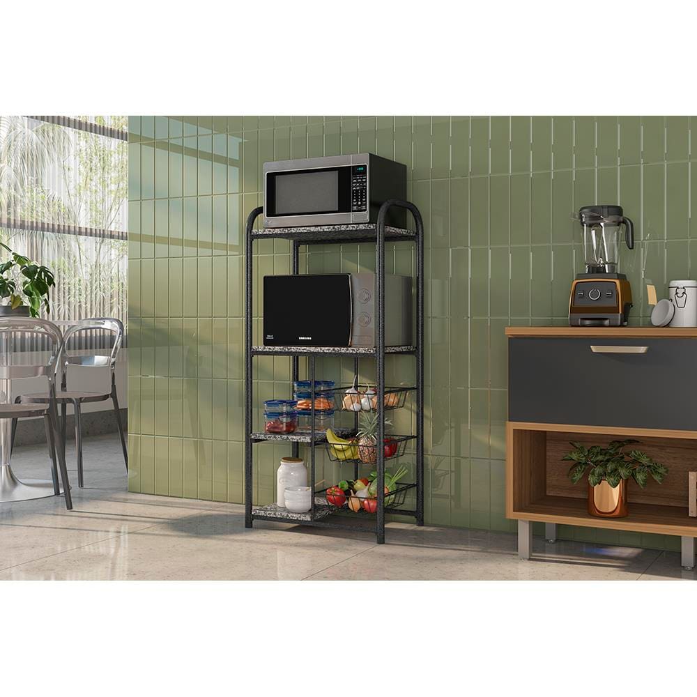 Fruteira Multiuso 3 Cestas Fabone Dallas Aço Carbono Pintura Epóxi 4 Prateleiras Tampos Granito Preto e Prata