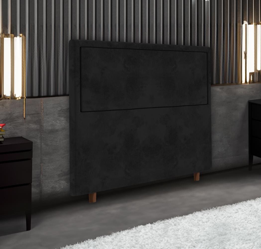 Cabeceira Solteiro Portobel Evelyn 88cm Madeira Pinus Tecido Suede Design Minimalista Preto