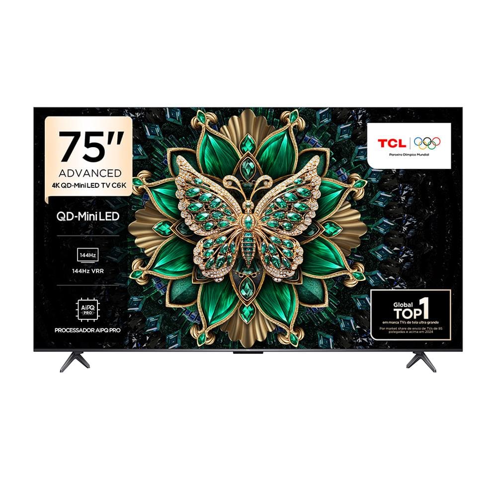 Smart TV 75" TCL C6K Premium 4K QD-Mini LED com Sistema Operacional Google TV, Dolby Vision IQ, Atmos, Subwoofer, HDR10+, 144Hz VRR e Comando de Voz