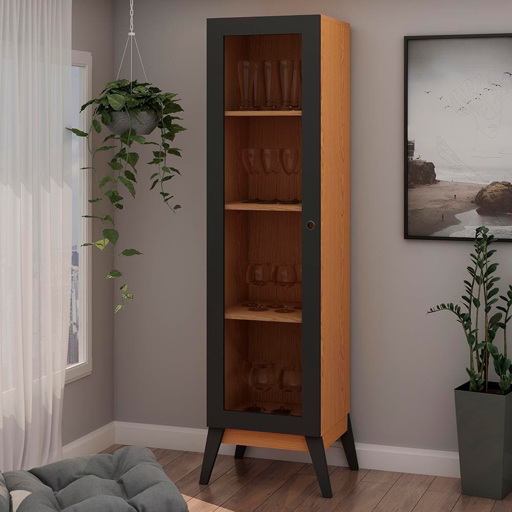 Cristaleira Genialflex Malta com 1 Porta de Vidro, 3 Prateleiras 40cm de largura – Cinamomo/Preto