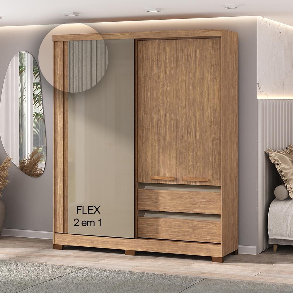 Guarda-Roupa Casal 1 Porta Correr Atualle Condor 3D Flex com Reflecta Acácia