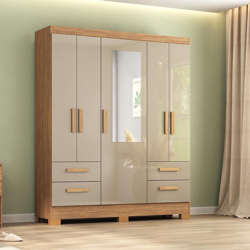 Guarda-Roupa Casal Atualle Vitória Plus 5 Portas 4 Gavetas com Espelho Acácia com Reflecta