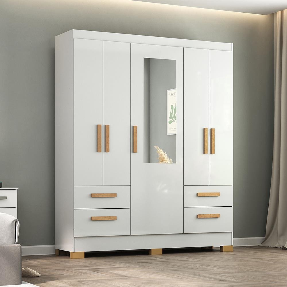 Guarda-Roupa Casal Atualle Vitória Plus 5 Portas 4 Gavetas com Espelho Branco Brilho