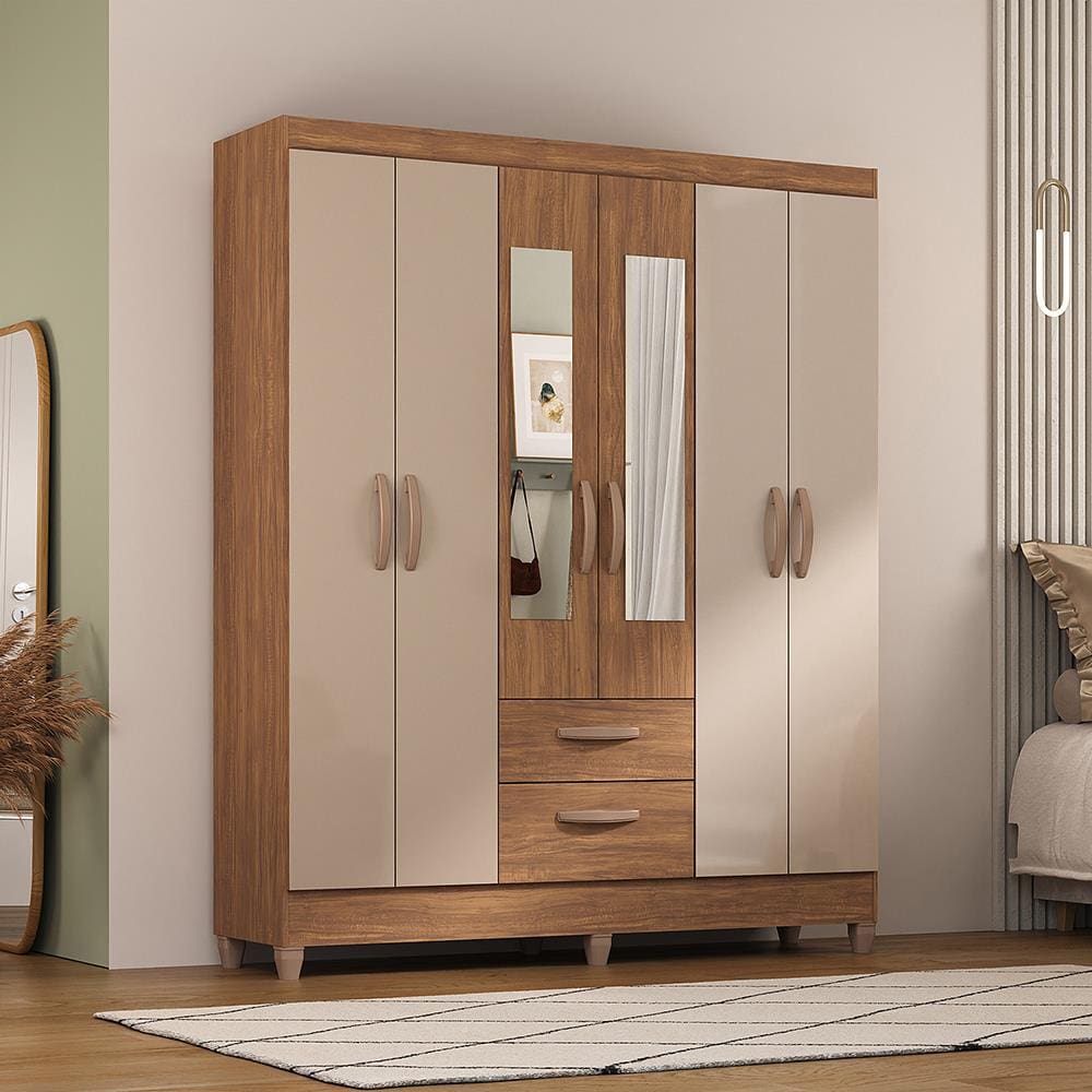 Guarda-Roupa Casal Atualle Real 6 Portas 2 Gavetas com Espelho Acácia com Reflecta