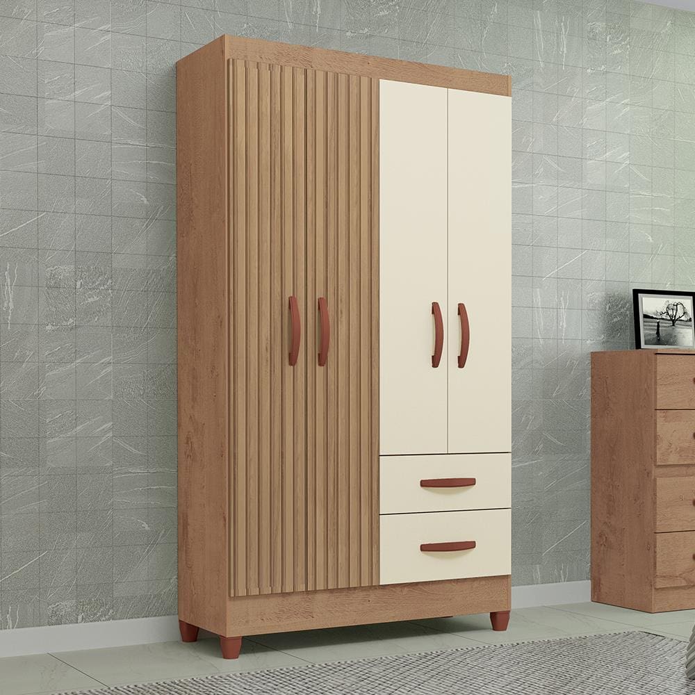 Guarda-Roupa Solteiro Atualle Real 4 Portas 2 Gavetas com Espelho Ripado 3D Natura Off White