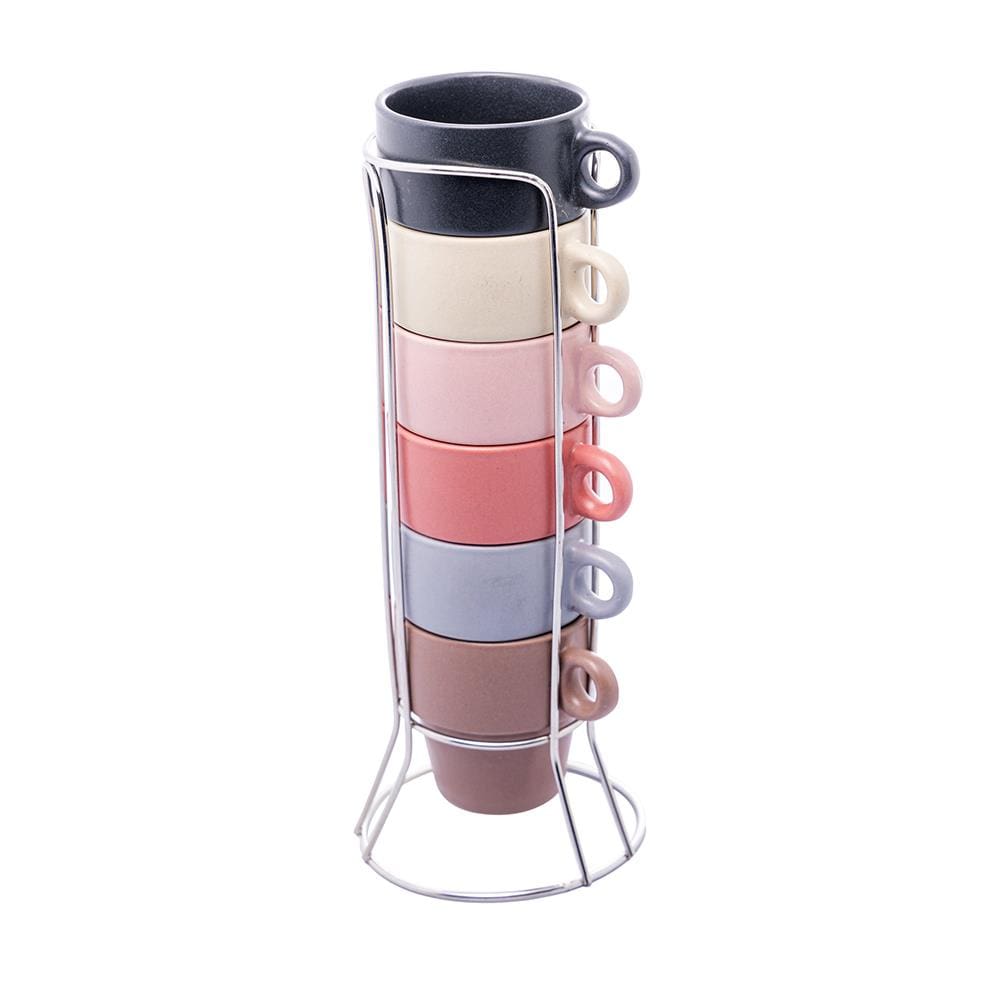 Conjunto 6 Xícaras Cerâmica Café Wolff 90ml Coloridas Empilháveis com Suporte