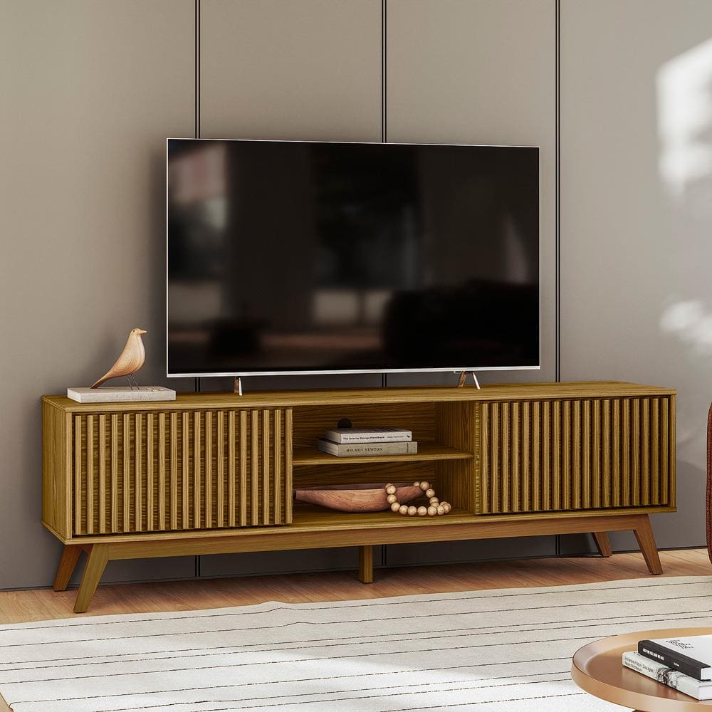 Rack Olivar Fox 180 Ripado Para TV até 65” Porta Deslizante 2 Portas 4 Nichos 