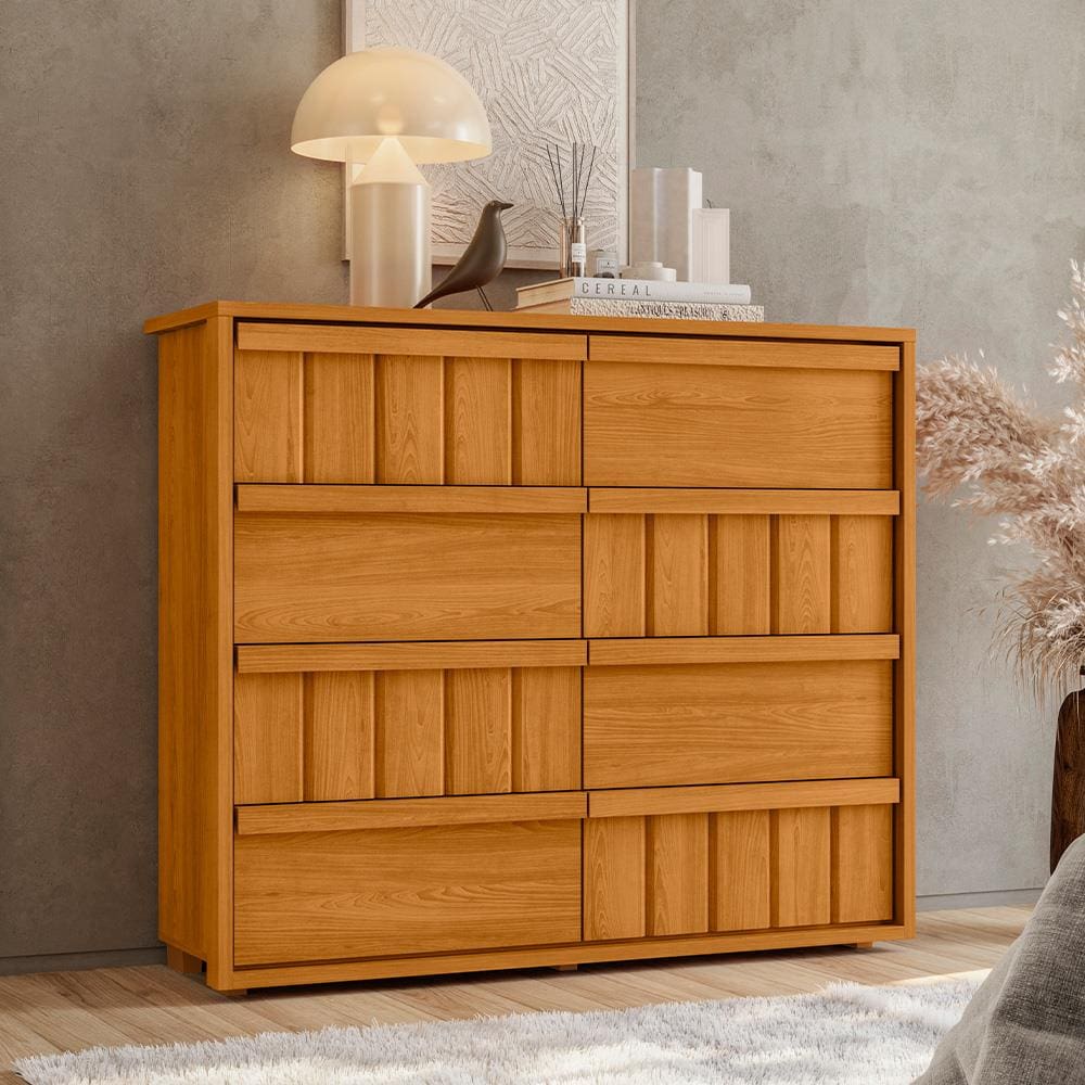 Cômoda 8 Gavetas Madetec Tarsila Corrediça Telescópica Ripado Angular Design Moderno