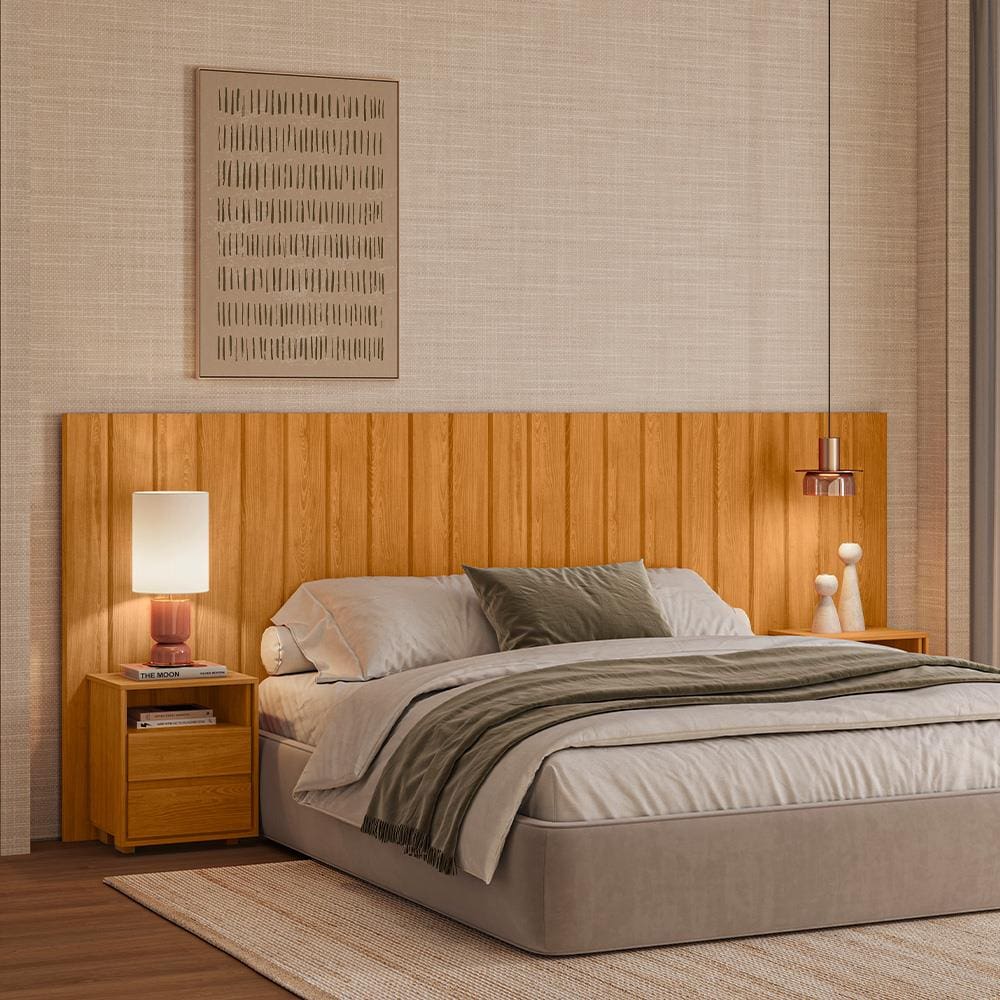 Cabeceira Madetec Frida Extensível com Mesas 4 Gavetas Painel Ripado Para Cama Casal, Queen e King Size