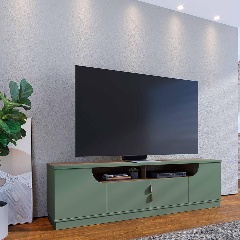 Rack Bancada para TV até 75” Santorini 2.0 4 Portas 2 Nichos Tampo 25mm Puxador Dourado Fosco