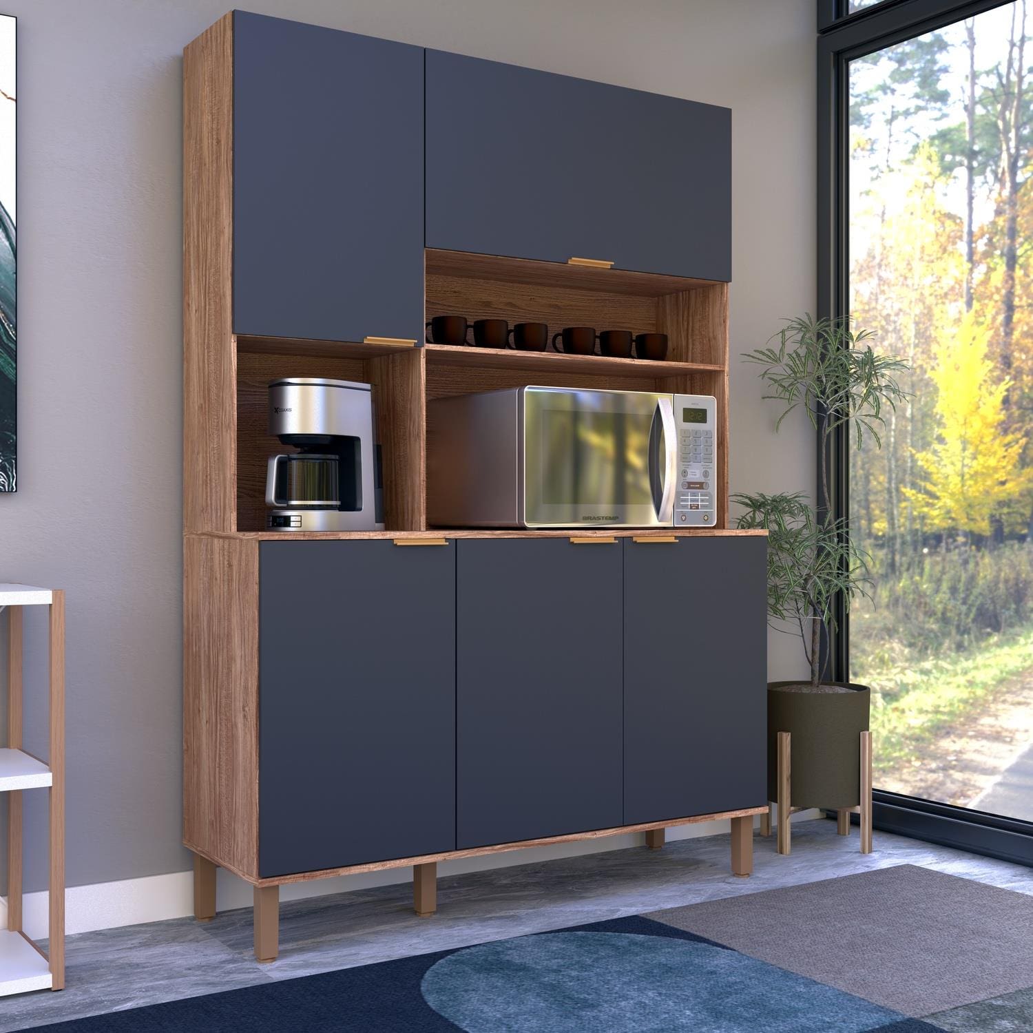 Cozinha Compacta Bartira Topázio 153,1cm 5 Portas 3 Prateleiras Damasco e Grafite