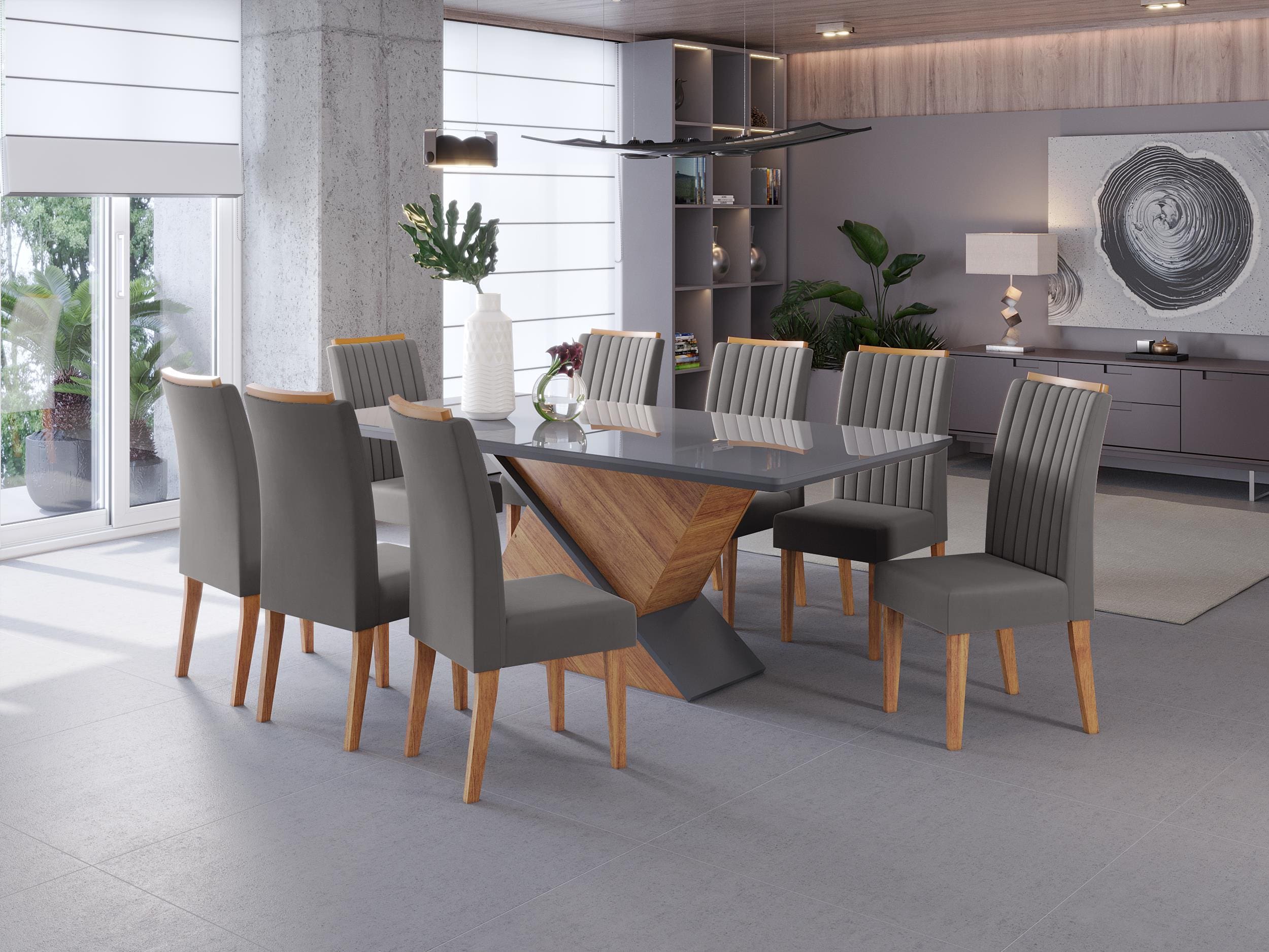 Conjunto Mesa de Jantar Viero Atlantis 200x90cm 8 Cadeiras Estofadas Tampo de Vidro Revestimento em Veludo