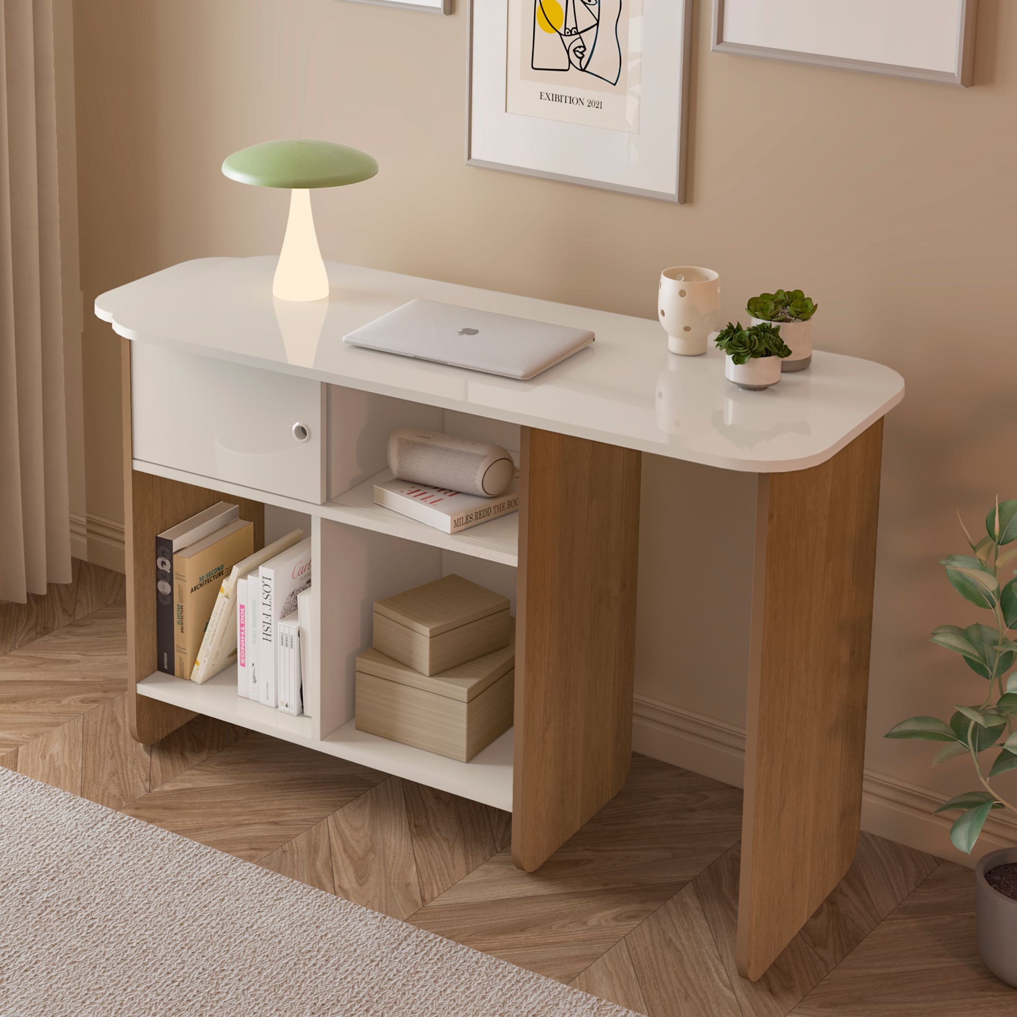 Escrivaninha Artely Nomad Tampo Rotativo Porta de Correr 4 Nichos Off White Cinamomo