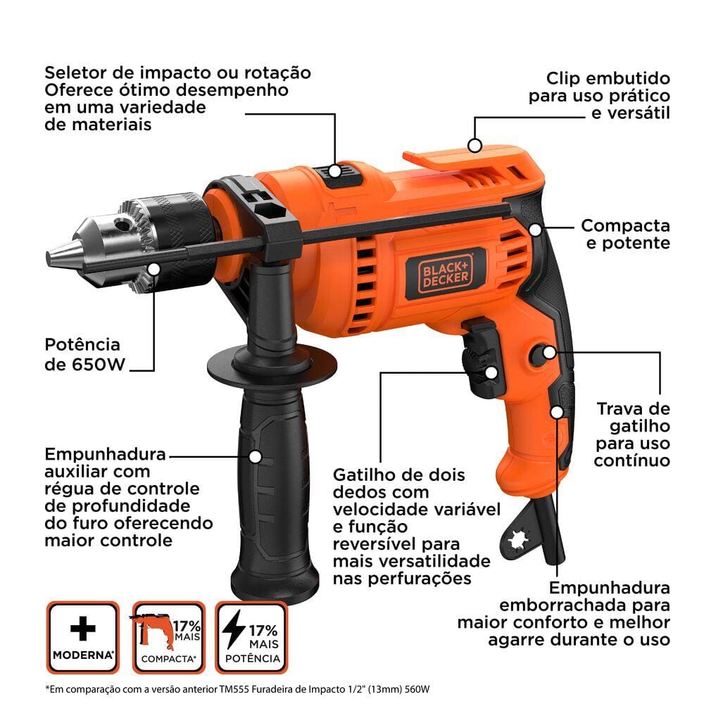 Furadeira de Impacto Black+Decker BED713650 1/2” 650W | Extra