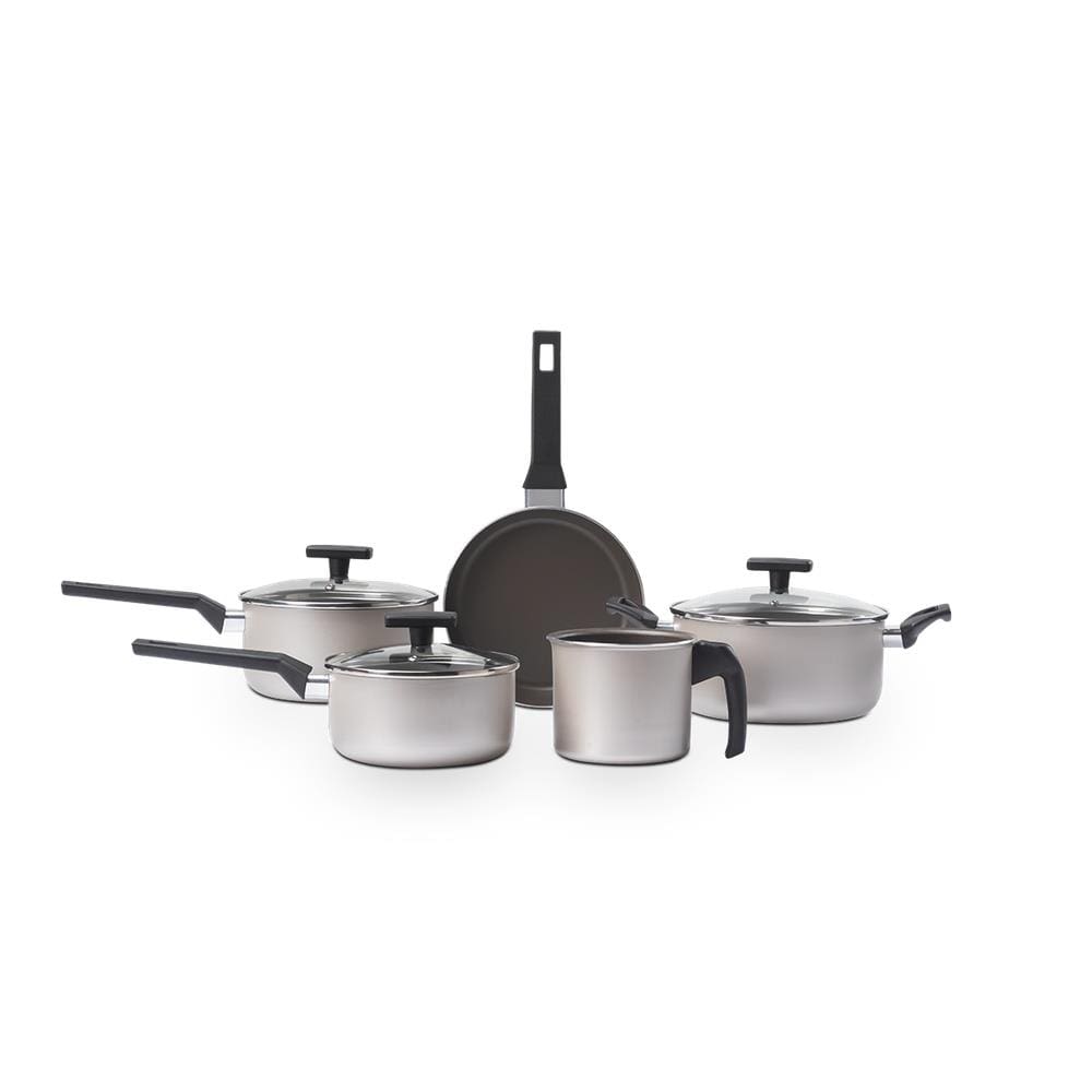 Jogo de Panelas Brinox Ceramic Life Essence 5 Peças Tampa de Vidro Champagne