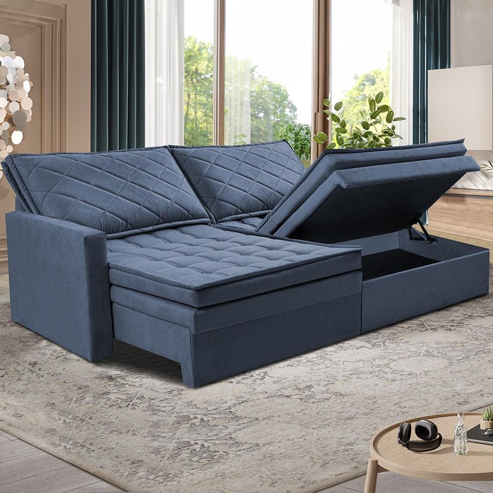 Sofá 3 Lugares Cama InBox Marselha II Retrátil/Reclinável com Baú Revestimento Suede Velusoft - 180cm de Largura