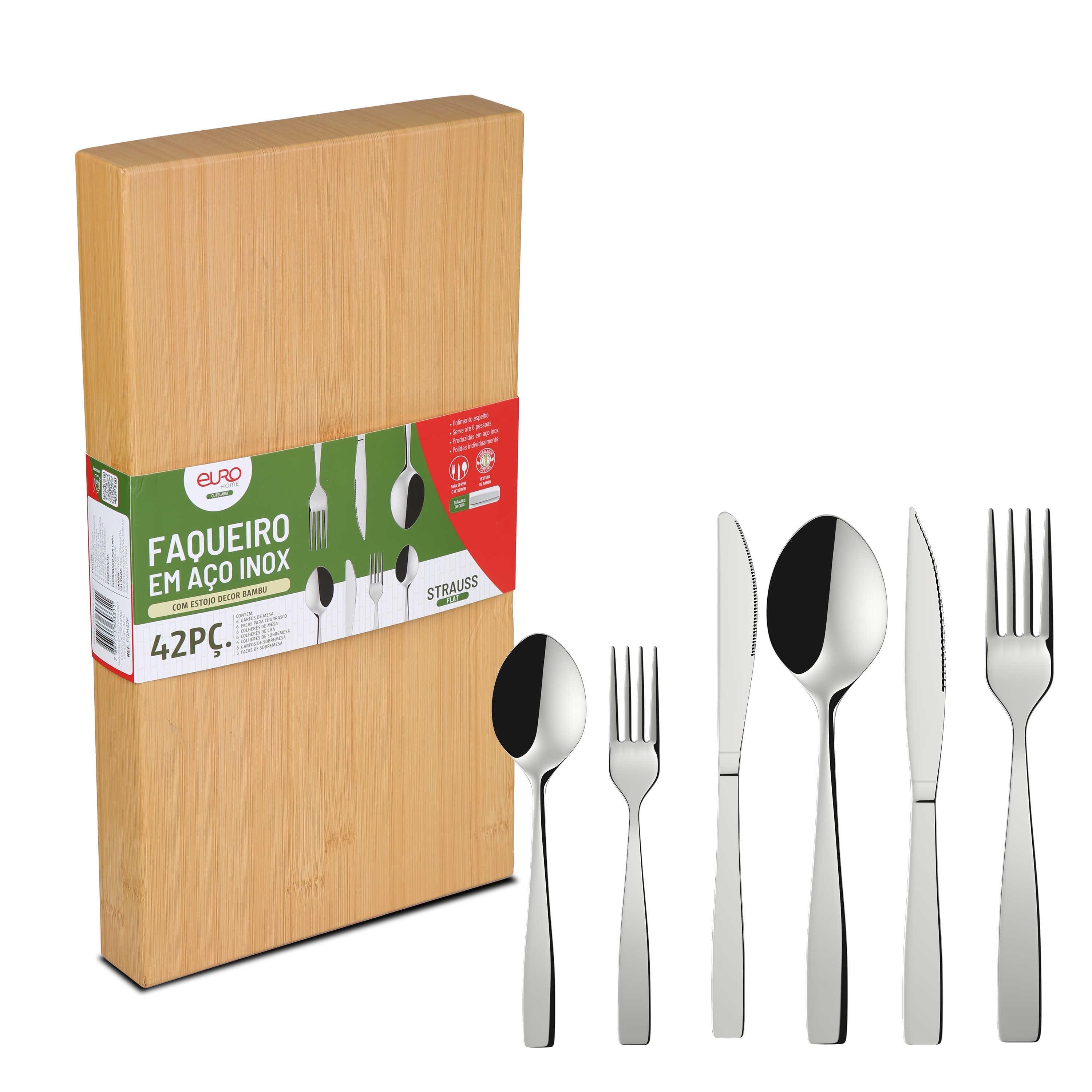 Faqueiro Euro Home Strauss Flat FQM42F 42 Peças Aço Inox Cabo Decorado Serve 6 Pessoas