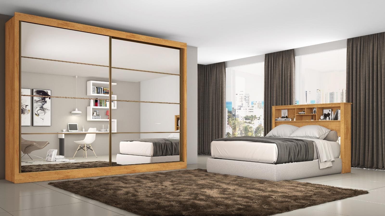 Armário Casal Mademarques Sevilha 2 Portas Correr com Espelho Peroba/Off White